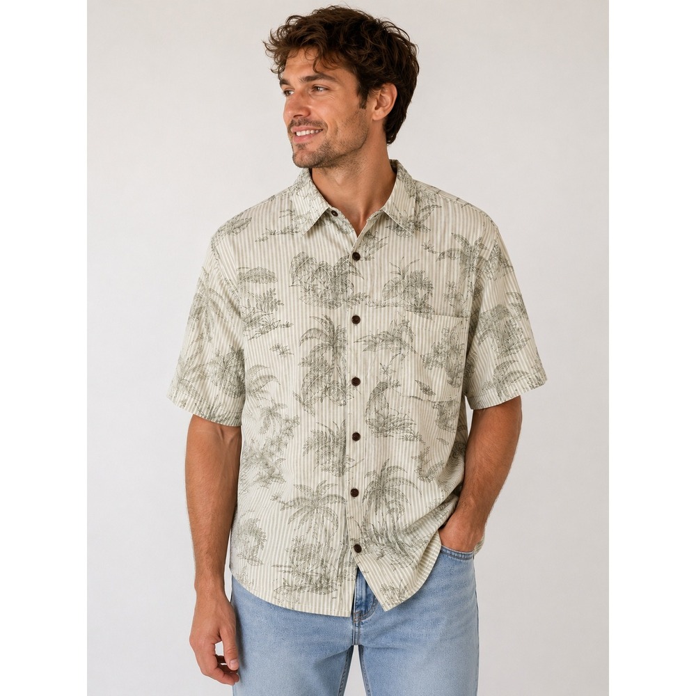 Caribbean Joe Mens Large Green White Striped Palm Tree Cotton Button Up Shirt